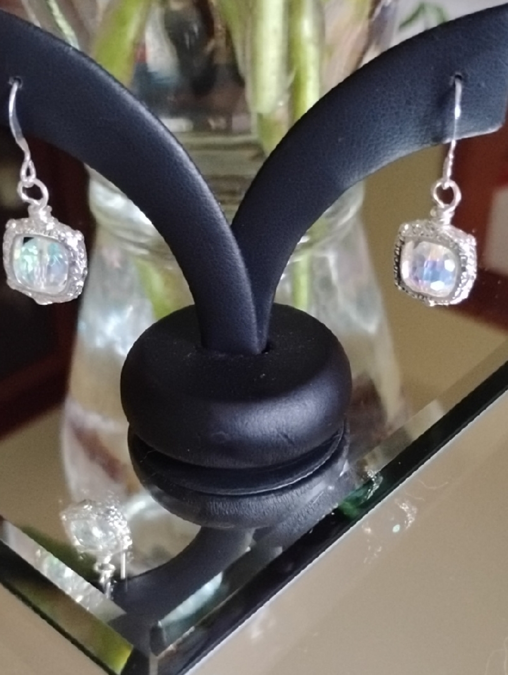 Hand Crafted Silver Frame Earrings With Crystal Auroborialis Beaf